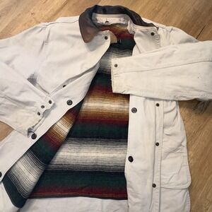 VTG 90s Woolrich Chore Barn Coat Medium Aztec Wool Blanket Lined Leather Collar